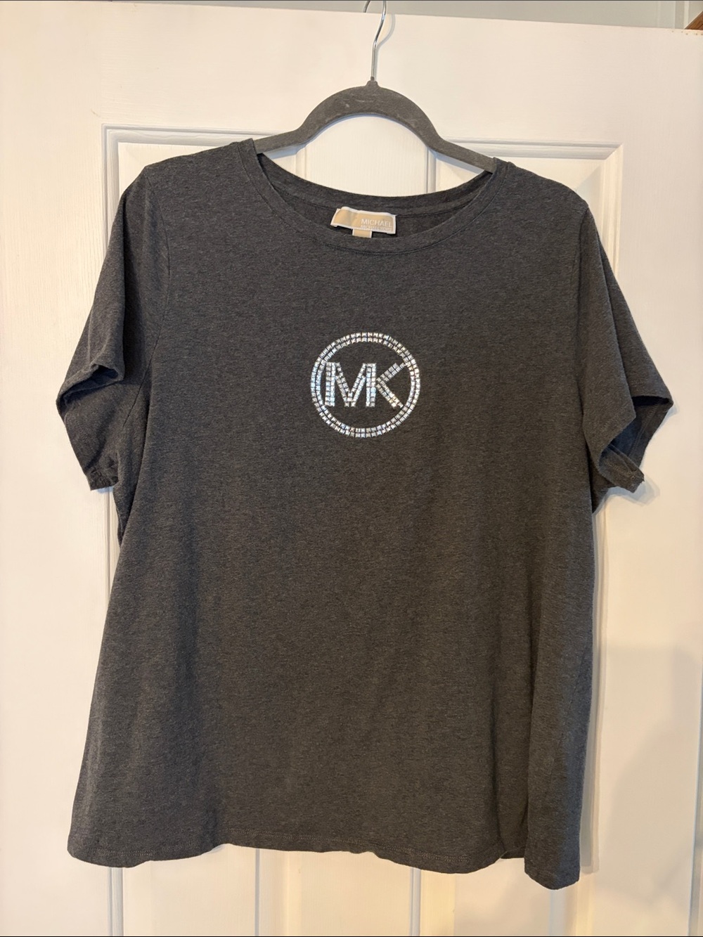 Michael Kors Dark Charcoal Gray Crystal MK Logo Tee